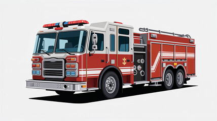 A detailed illustration of a red and white fire engine with lights on top, parked on a white background.