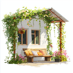 Wooden pergola in front of a small cozy cottage