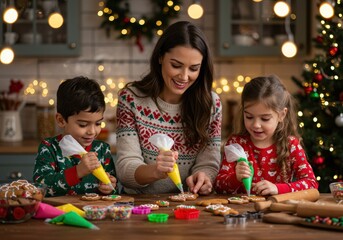 A joyful mother and children are baking and decorating gingerbread cookies for Christmas in a cozy kitchen.