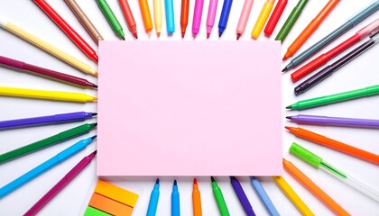 Colorful markers surround a blank pink paper