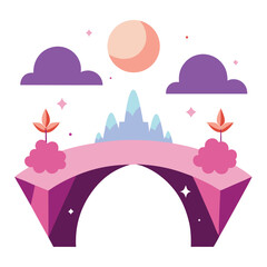 Magical islands connected by a bridge under a vibrant sunset sky