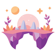 Magical islands connected by a bridge under a vibrant sunset sky