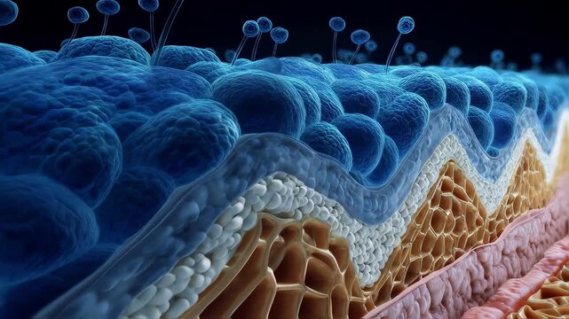 Animated crosssection of epidermis layer featuring hyperactive sweat glands emitting blue sweat to demonstrate abnormal perspiration.