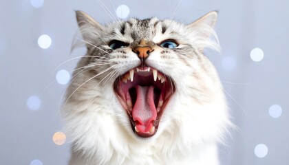 Close-up of a long-haired cat with blue eyes, yawning widely, against a blurred background of soft lights