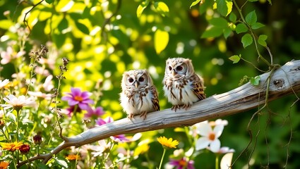 "Adorable Eastern Screech Owls Perched on a Wooden Branch in a Lush Green Garden"