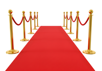 A red carpet with golden stanchions and velvet ropes on each side isolated on white or transparent background. PNG