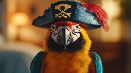 Close-up of a parrot wearing a pirate hat