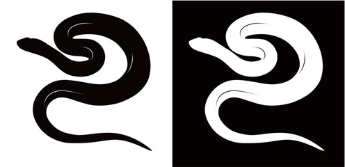 silhouette of a python isolated on a black and white background. Dangerous wild reptile.