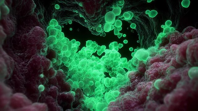 3D animation showing pale green bioluminescent Coxiella bacteria colonizing heart valve tissue in chronic endocarditis infection.