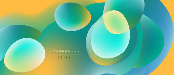 Abstract fluid shapes overlap, creating vibrant color gradients. Yellow, turquoise, blue blend seamlessly. Modern design element.