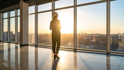 Plakat Businesswoman in hardhat contemplates city view at sunset from large office window