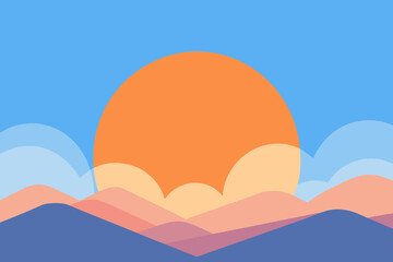 Stylized sunrise over colorful rolling hills and clouds