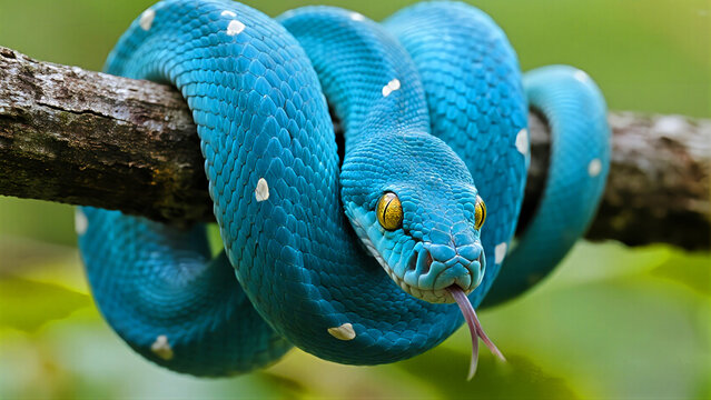 Stunning bright blue python coiled on branch with piercing yellow eyes, a vibrant natural wonder