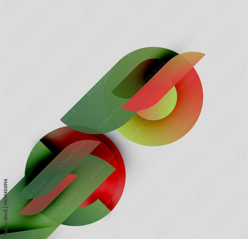 Poster abstract design features overlapping colorful shapes. green, red, yellow hues create dynamic composi