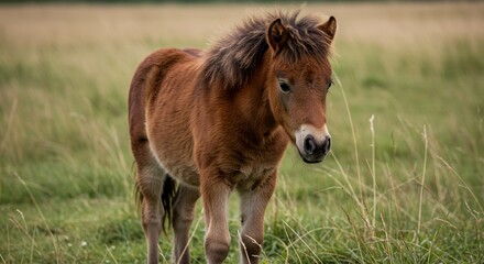Fototapeta premium 草原に立つ小さな馬 優しい光に包まれ穏やか. AI Generated