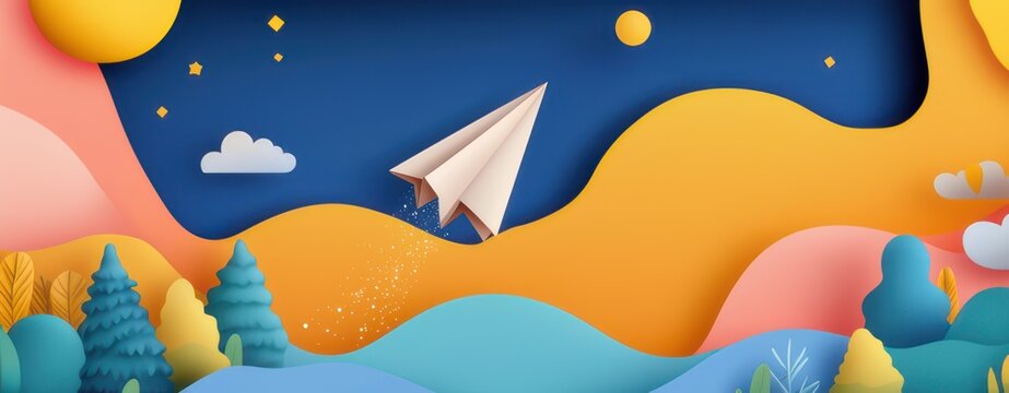 Origami Plane Soaring: A whimsical paper airplane glides through a vibrant, abstract sky, leaving a trail of sparkling dust. The colorful landscape below features stylized trees and fluffy clouds.