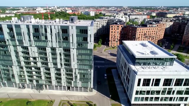 Aerial view modern buildings in European city with urban cityscape.