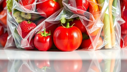Vibrant Close-Up of Red Fruits and Vegetables in Plastic Bags