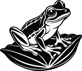 Black and White Frog on Lily Pad, Wildlife Vector Art Illustration