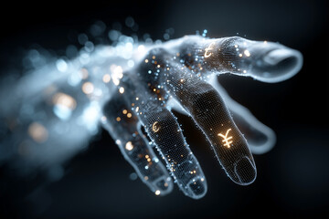 Futuristic digital hand with glowing global currency symbols for fintech