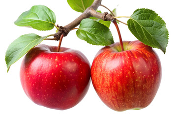 Two ripe red apples hang from a leafy branch, showcasing their fresh, natural beauty isolated on transparent background