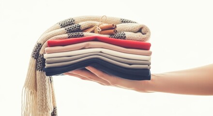 Hand Holding Folded Clothes Stack with Sweater and T-shirts in Neutral Background