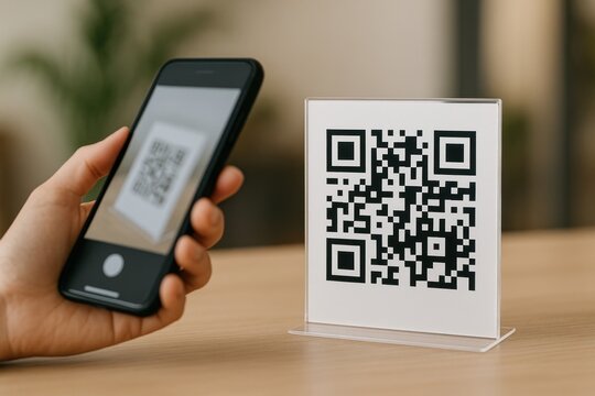 Scanning QR code with smartphone.