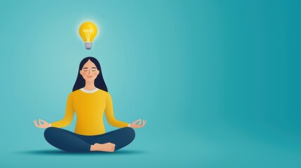 Enlightened Contemplation: A woman, radiating serenity, sits in quiet meditation, a luminous idea hovering above her.