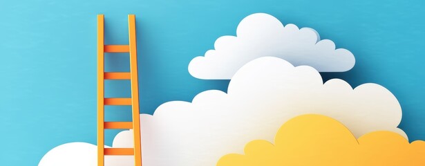 Ascending to Dreams: A wooden ladder extends towards fluffy clouds, against a vibrant blue sky, symbolizing aspirations, progress, and limitless potential.