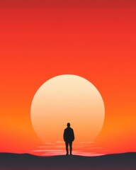 Silhouette of Solitude: A solitary figure stands silhouetted against a blazing sunset, contemplating the vast expanse before him, creating a mood of introspection.