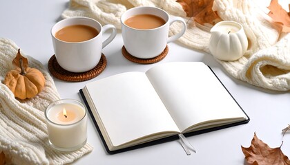 Cozy autumnal scene with warm drinks and book