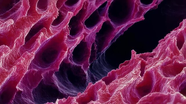 Detailed footage of textured pseudomembrane layers developing on mucous membranes in severe throat infection.