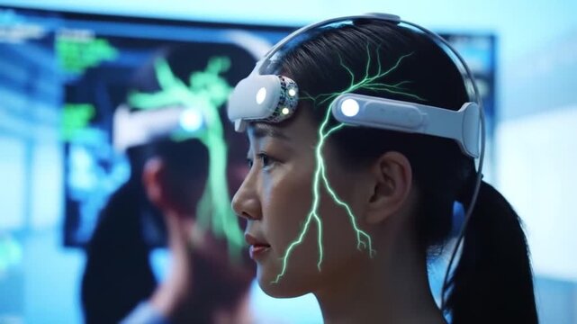 Brainwave Technology: Futuristic Woman with Neural Interface Data Visualization.