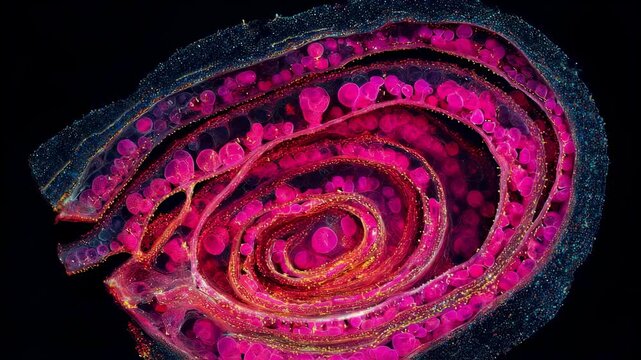 Timelapse sequence showing gradual buildup of multiple vibrant pink endometrial layers representing uterine lining hyperplasia development.