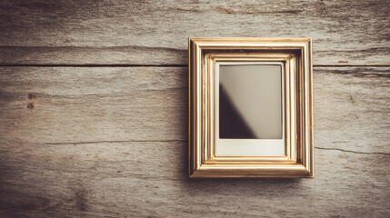 A vintage polaroid frame on a wooden table, captured from an overhead angle in minimalist style.