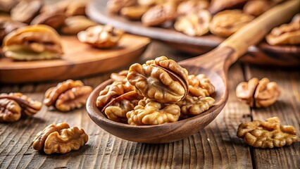 Obraz premium Wooden Spoon of Shelled Walnuts on Rustic Table