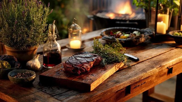 A rustic wooden table set up beside a grill showcasing a deliciously charred steak and an array of aromatic herbs framed by the warm hues of twilight.