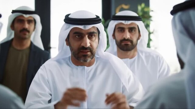 Middle Eastern Businessmen in Traditional Attire Engaged in Serious Discussion.