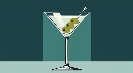 Elegant vector illustration of a classic martini cocktail with an olive garnish. A timeless and sophisticated drink for a party or celebration.