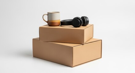 Minimalist Coffee Mug and Headphones on Cardboard Boxes in Studio Setting