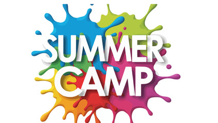 Summer Camp Text Design – Bold White Font with Colorful Paint Splashes for Youth Activities and Seasonal Promotions