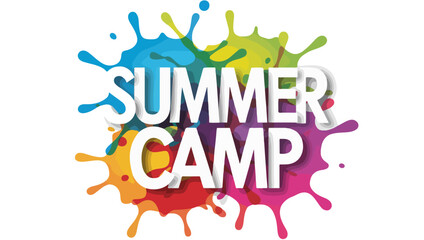 Summer Camp Text Design – Bold White Font with Colorful Paint Splashes for Youth Activities and Seasonal Promotions