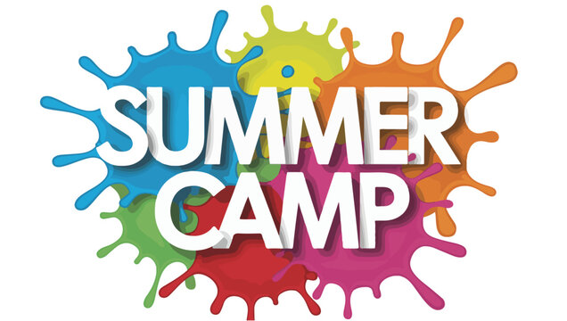Summer Camp Text Design – Bold White Font with Colorful Paint Splashes for Youth Activities and Seasonal Promotions - Powered by Adobe