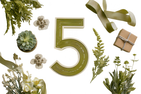 Number five design with greenery and ribbons