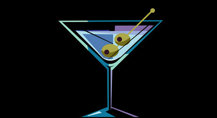 Stylized vector illustration of a classic martini cocktail with green olives, a symbol of celebration and sophisticated nightlife.