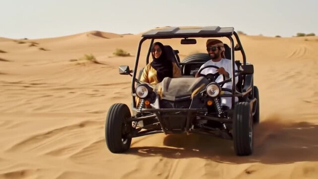 Emirati Couple and Friends Enjoy a Thrilling High-Speed Dune Buggy Race in the Desert. - Powered by Adobe
