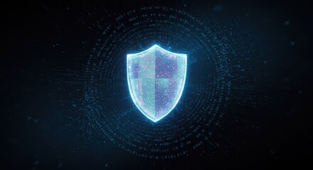 Abstract representation of cybersecurity, glowing shield, binary code background