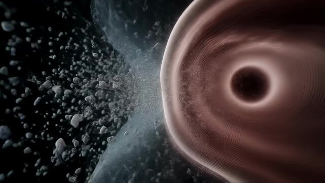 Detailed digital model focusing on suspended otolith debris causing inner ear imbalance visualizing pathophysiology of positional vertigo disorder.