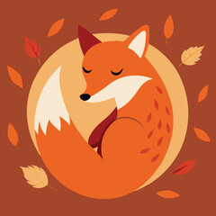 Cute sleeping fox curled up with autumn leaves