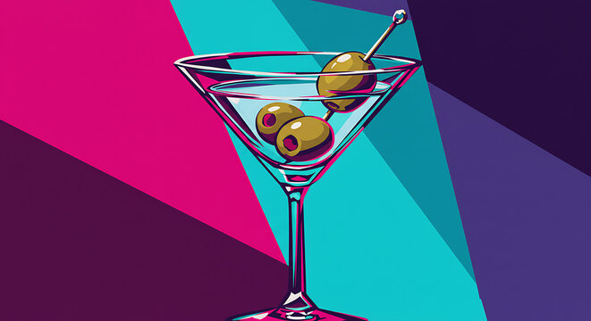 Stylized pop art illustration of a classic martini cocktail with an olive garnish on a vibrant, colorful geometric background.